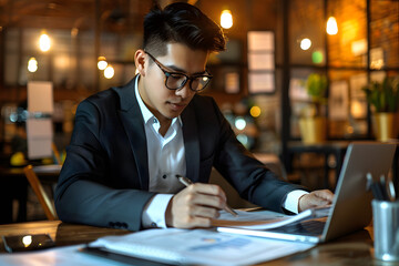 Young adult businessman sitting at desk, working on paperwork generated