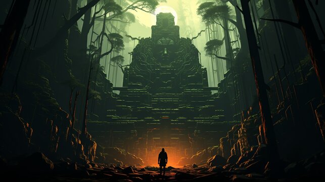 Among the ruins of an ancient temple in a dense jungle, the businessman examines cryptic symbols on the walls while a demon lurks in the shadows behind him. Painting Illustration style, Minimal and