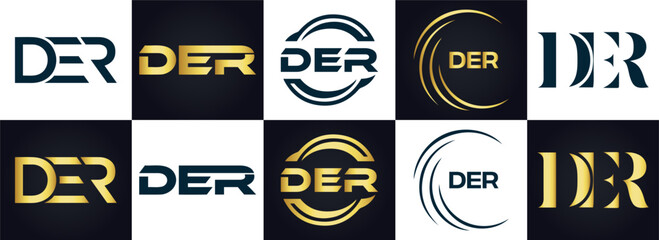 DER logo. D E R design. White DER letter. DER, D E R letter logo design. D E R letter logo design in FIVE, FOUR, THREE, style. letter logo set in one artboard. D E R letter logo vector design.