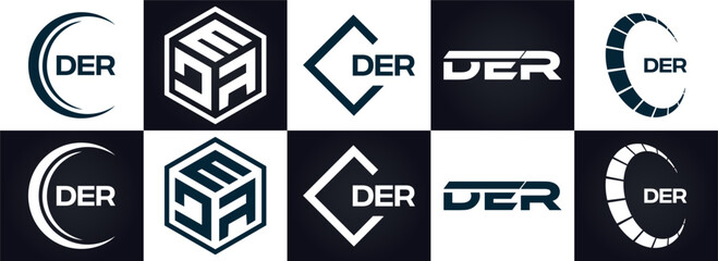 DER logo. D E R design. White DER letter. DER, D E R letter logo design. D E R letter logo design in FIVE, FOUR, THREE, style. letter logo set in one artboard. D E R letter logo vector design.