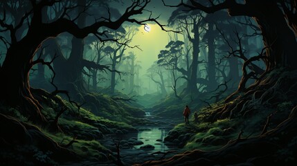 In a dense, misty forest at twilight, the businessman cautiously moves through thick underbrush, flashlight in hand, as eerie shadows hint at lurking demons. Painting Illustration style, Minimal and