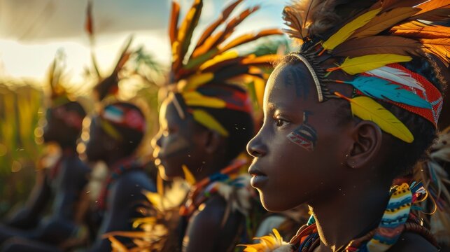 A group of young girls wearing colorful feathers