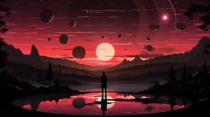 In a futuristic observatory, the businessman studies celestial events and their connections to recent demon sightings on Earth and beyond. Painting Illustration style, Minimal and Simple,