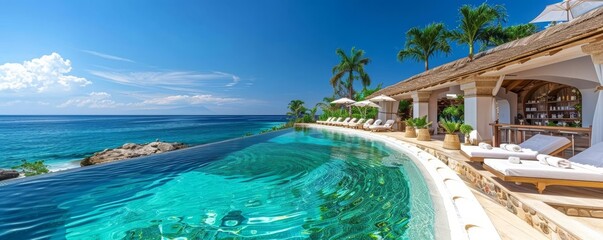 Fototapeta premium Summer retreat image of a luxury resort retreat, with spa treatments, infinity pools, and attendees relaxing with picturesque ocean views