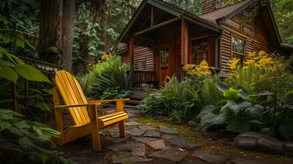 Obraz premium A yellow chair is sitting on a path in front of a house