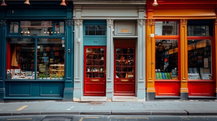 Three colorful storefronts with red doors and windows