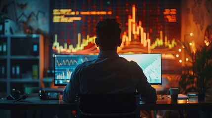 Focused Analyst Monitoring Multiple Financial Data Screens in a Dimly Lit Room - Perfect for Finance, Technology, and Data Analysis