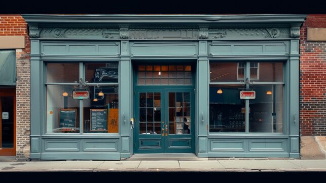 A blue storefront with a chalkboard sign on the front