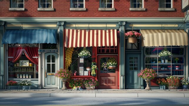 A row of storefronts with a red and white striped awning - Powered by Adobe