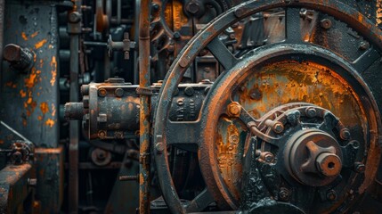 The image is of a rusty old machine with a large, black wheel