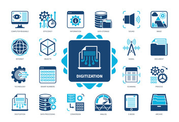 Digitization icon set. Information, Signal, Scanning, Archive, Conversion, Data Processing, Analog, Document. Duotone color solid icons