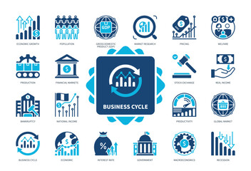 Business Cycle icon set. Population, Production, Welfare, Recession, Real Income, Economic, Economic Growth, Pricing. Duotone color solid icons