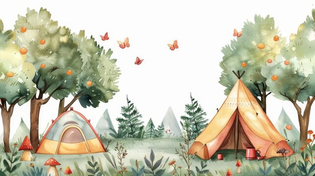 Cute cartoon camping frame border on white background in watercolor style