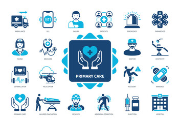 Fototapeta premium Primary Care icon set. Ambulance, Emergency, Paramedics, Accident, Rescuer, Hospital, Bandage, Defibrillator. Duotone color solid icons