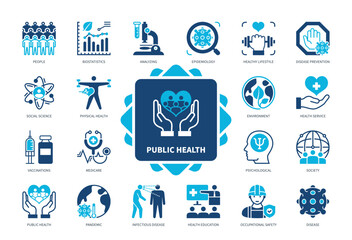 Public Health icon set. Biostatistics, Physical Health, Environment, Vaccination, Pandemic, Epidemiology, Disease, Society. Duotone color solid icons