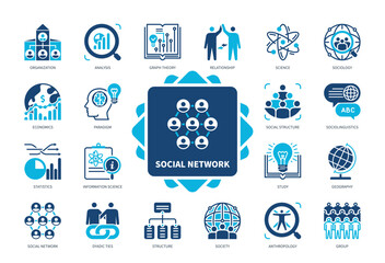 Social Network icon set. Dyadic Ties, Sociolinguistics, Paradigm, Structure, Information Science, Analysis, Statistics, Relationship. Duotone color solid icons