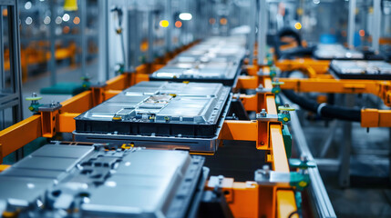 Conveyor chains and conveyor belts are in the electric vehicle battery production line in an industrial factory.