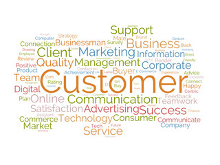 Customer word cloud template. Client business concept vector tagcloud background.
