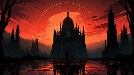 Naklejka premium In a shadowy, gothic cathedral, the businessman searches for sacred artifacts believed to hold the power to repel demons. Painting Illustration style, Minimal and Simple,