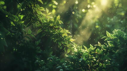 A lush green forest with sunlight filtering through the leaves, sharp focus.