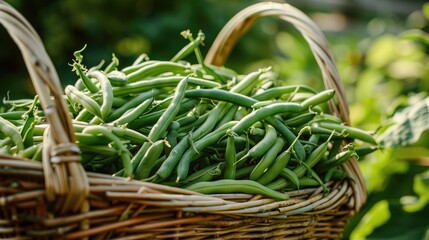 A basket brimming with freshly picked green beans from the farm
