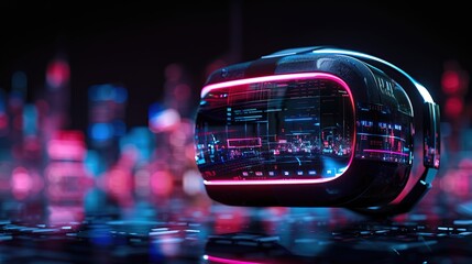 Close up VR Virtual Reality Headset with Neon Lights, floating in an abstract cityscape background.