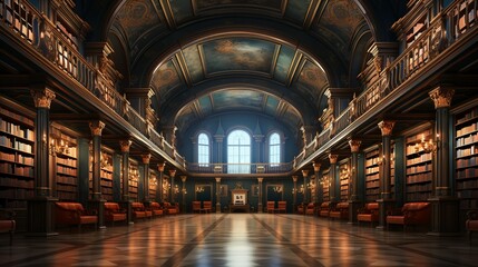 Fototapeta premium Inside a grand, old library filled with ancient tomes, the businessman searches for rare books containing spells and rituals to defeat demons. Painting Illustration style, Minimal and Simple,