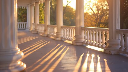 An architectural detail shot of a white mansion's columned porch, emphasizing the shadows and light play during sunset. - Powered by Adobe