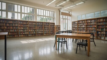 background blur school or campus library withbook shelves.