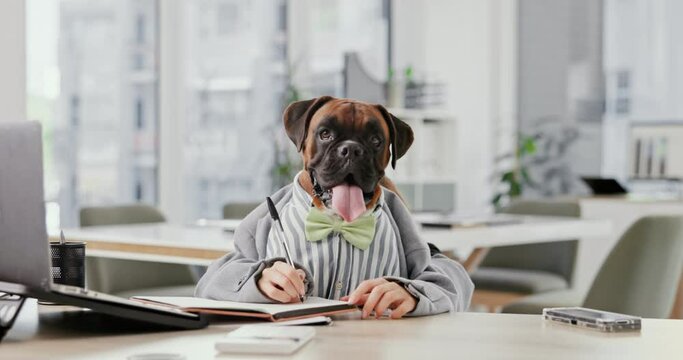 Office, business and dog at desk writing for working, career and job for corporate agency. Pet friendly, animal and Boxer in professional workplace with documents for report, planning and proposal