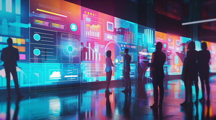 A group of people are standing in front of a large wall of computer monitors