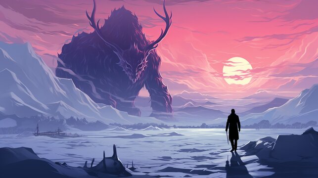 On a remote icy tundra, the businessman stands resolutely against a biting wind, his breath visible, as a massive, frost-covered demon approaches from a distance. Painting Illustration style, Minimal