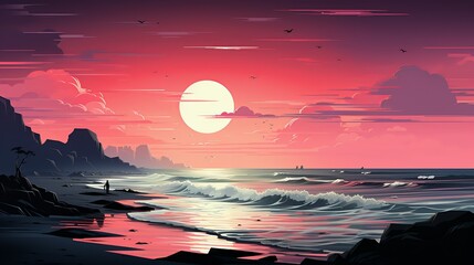 On a quiet, moonlit beach, the businessman sets up mystical barriers, knowing a water demon is lurking just beyond the surf. Painting Illustration style, Minimal and Simple,