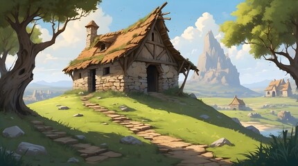 Fototapeta premium Landscape with ruined medieval hut vol 3