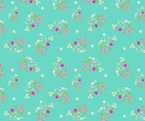 Vintage Style Red Floral Pattern on Blue Background, Spring Floral, Classic Dainty Floral Seamless Print Design