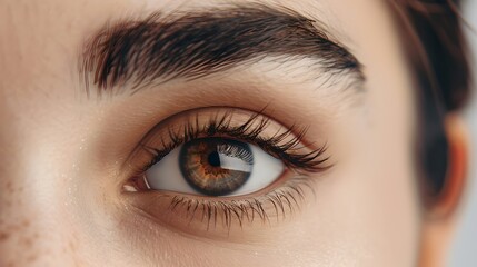 Obraz premium Close-up of a brown eye with detailed eyelashes and eyebrows. Perfect for beauty and fashion. Realistic illustration. AI