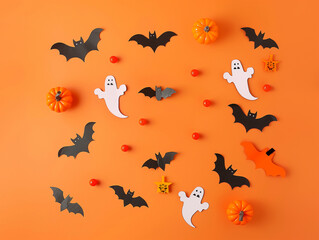 Fröhliches Halloween-Feiertagskonzept. Halloween-Dekorationen, Fledermäuse, Geister auf orangefarbenem Hintergrund. Halloween-Party-Grußkartenmodell mit Kopierraum. Flache Lage, Draufsicht, von oben. 