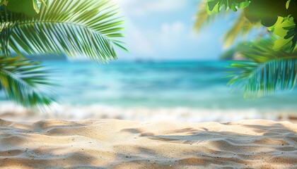 Golden sand beach with palm leaves, beautiful wide paradise, blur summer natur banner. Oceanfront tropical getaway, serene coastal scenery, idyllic beach vacation spot.