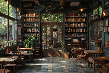 The cozy interior of a quaint cafÃ© with bookshelves filled with books, vintage furniture, ambient lighting, and large windows offering a serene view of greenerycozy
