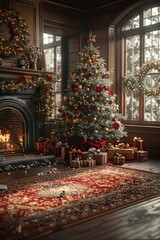 Obraz premium Cozy, Warm Christmas Living Room with Decorated Tree, Gift-Wrapped Presents, Fireplace, Garland, and Wreath in a Snowy Winter SettingChristmas