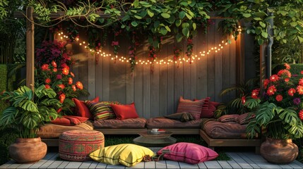 Cozy Outdoor Lounge, Patio with vibrant pillows and string lights, Relaxation Space