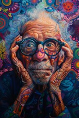 Artistic Elderly Portrait, Elderly man with colorful abstract patterns, Creative Illustration