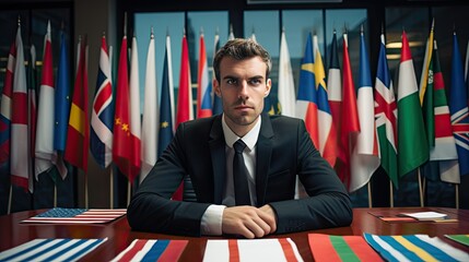 Photograph of a global-minded male businessman, negotiating a deal across an international conference table, with flags of different nations in the background.