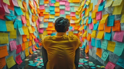 Fototapeta premium Colorful Note Room, Person in a room filled with sticky notes, Brainstorming Session