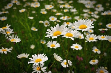 Fototapeta premium Flowers in the meadow. Beautiful natural background with daisies in spring and sunny day.