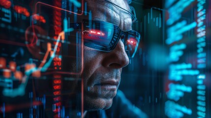 Fototapeta premium Close-up of a person wearing smart glasses analyzing data on a futuristic screen, representing advanced technology and digital analysis.