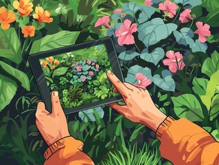 Person holding a tablet capturing colorful flowers in a garden, showcasing beautiful nature and digital technology amidst greenery.