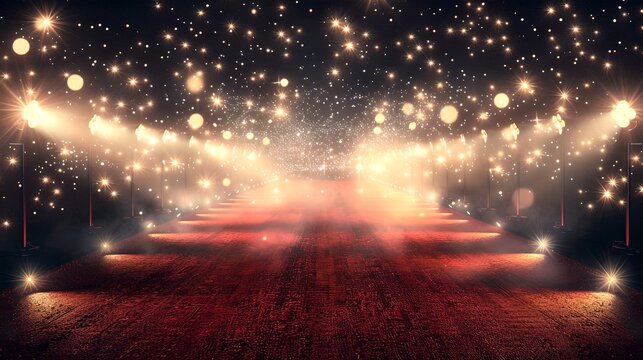 Grand Red Carpet Event with Glittering Lights. Luxurious starry night backdrop. Perfect for awards, special events. AI