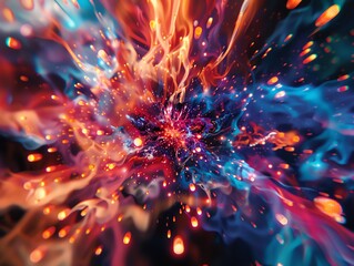 Vibrant abstract image of colorful dynamic motion with fiery and cool tones creating an exploding visual effect in a cosmic theme.