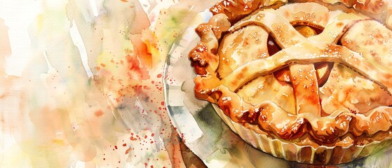 Watercolor illustration of a delicious apple pie with a lattice crust, showcasing a homemade baked dessert in a rustic style.